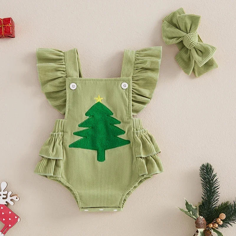 Baby Clothing Girl Overalls Romper Christmas Tree/Santa Embroidered Square