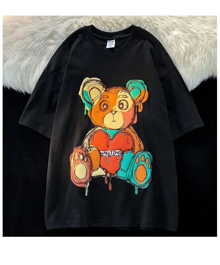 Pure Cotton Retro Graffiti Teddy Bear Printed Short Sleeved T-shirt for Male