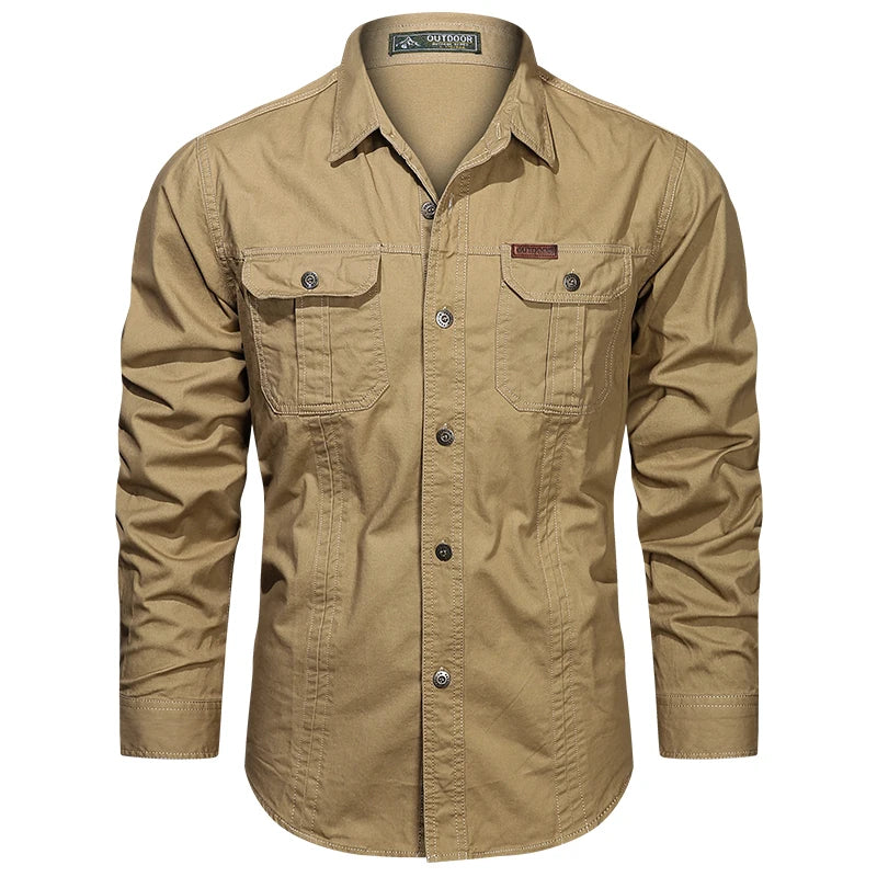 Cargo Shirt Men Long Sleeve Casual Cotton Shirts High Quality Camisa Militar