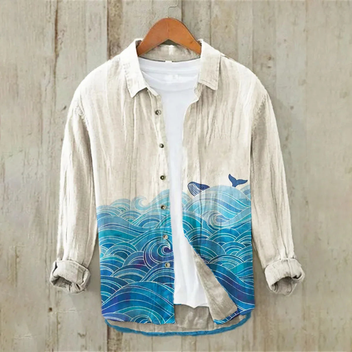 Linen Printed Long Sleeve Shirt Ocean Wave Traditional Pattern Art Hawaiian Shirt