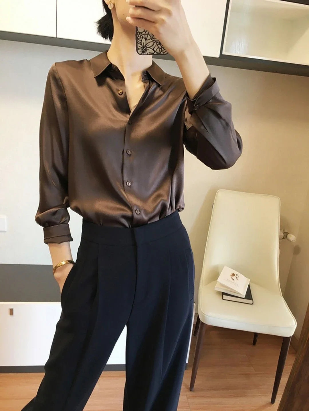 Silk Brown Clothes Wear To Work Office Outfits Long Sleeve Purple Spring