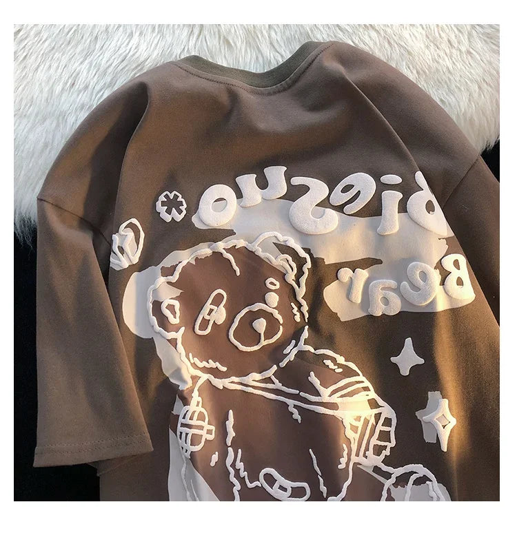 Bear t shirt female American retro oversize cotton short sleeved