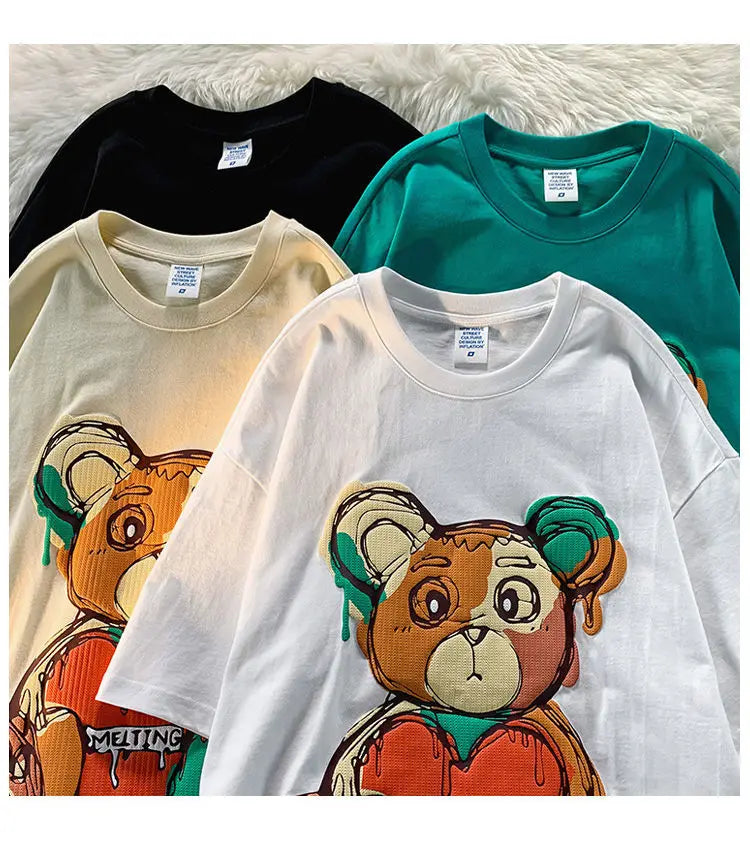 Pure Cotton Retro Graffiti Teddy Bear Printed Short Sleeved T-shirt for Male