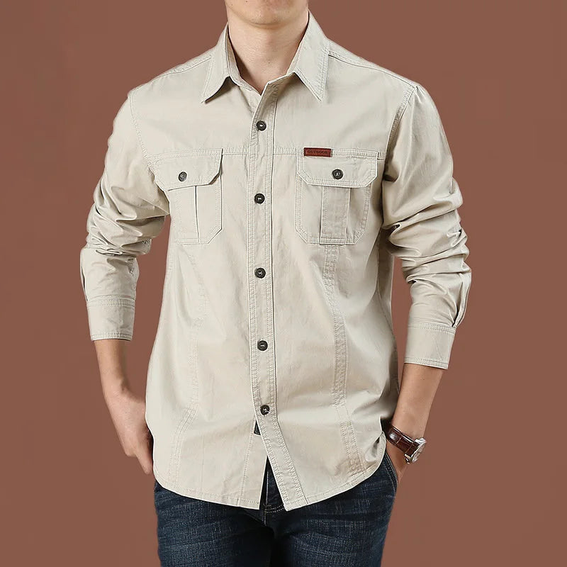 Cargo Shirt Men Long Sleeve Casual Cotton Shirts High Quality Camisa Militar