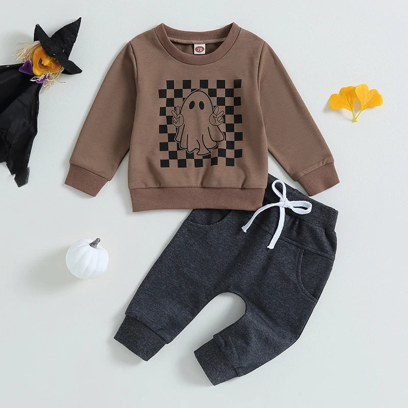 Lioraitiin 0-3Years Boys 2Pcs Fall Outfits Checkerboard Ghost Print Crew Neck