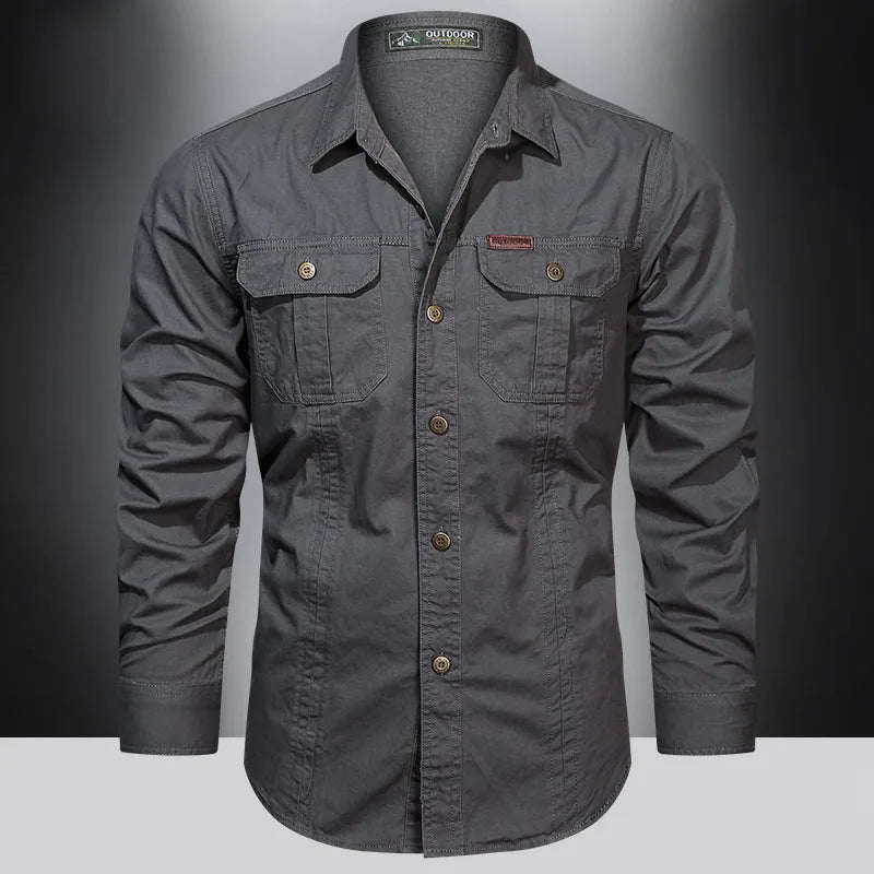 Cargo Shirt Men Long Sleeve Casual Cotton Shirts High Quality Camisa Militar